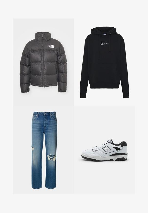 Czarna puchówka z wysokim kołnierzem, zapięciem na zamek i logo. Posiada pikowane sekcje oraz elastyczne mankiety dla dodatkowego ciepła.; Czarna bluza z kapturem wykonana z miękkiego materiału, z przednią kieszenią, sznurkami do regulacji oraz białym haftem logo na klatce piersiowej. Klasyczny krój i ściągacze na rękawach.; Jasnoniebieskie dżinsy z wysokim stanem, prostą nogawką i przetarciami na obu kolanach. Posiadają klasyczny pięciopocketowy fason i zapięcie na guzik.; Białe sneakersy niskie z czarnymi akcentami, górna część wykonana ze skóry i siateczki, perforowane detale, wyściełany kołnierz oraz gruba gumowa podeszwa. Model 550.