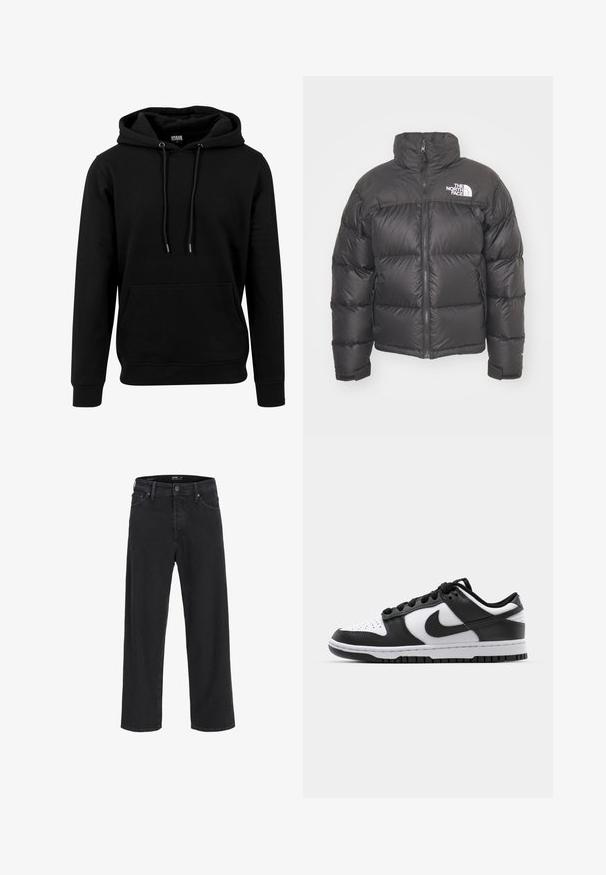 Doudoune noire avec un col montant, fermeture éclair et logo. Comprend des sections matelassées et des poignets élastiques pour plus de chaleur.; Hoodie noir en tissu doux, avec une grande poche avant, des cordons de serrage et des poignets et un ourlet côtelés. Design simple et uni.; Jean en denim noir à jambe droite avec fermeture à bouton et à zip, passants de ceinture, et poches avant et arrière.; Baskets Nike Dunk en noir et blanc avec une tige en cuir, un bout perforé, des lacets noirs et une semelle en caoutchouc noir avec un motif de semelle.
