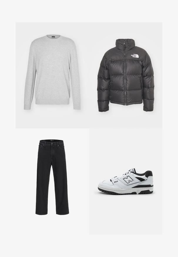 Mustard vest, mille v. pikkade varrukatega, lukuga ning logoga. Omab tikkimise detaile ja elastseid ääriseid soojuse tagamiseks.; GAP CASHSOFT CREW - Džemper - mottled grey; Pikad varrukad valge t-särk, mis on valmistatud pehmest puuvillast. Ümmargune kaelus, sirge lõikega ääred ning ilma nähtavate mustrite või graafikateta.; Mustad sirgedega teksapüksid, millel on nööp ja lukuga sulgemine, vöökohaga silmad ning ees- ja tagataskud.; Valged madalad spordijalatsid mustade aktsentidega, nahast ja võrgust pealis, perforatsioonidega detailid, pehmendatud kaelus ja paks kummist tall. Mudel 550.