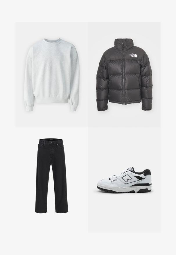 Giacca a vento nera con collo alto, chiusura con zip e logo. Presenta sezioni trapuntate e polsini elasticizzati per un maggiore calore.; Felpa grigia chiara realizzata in un tessuto morbido, con colletto a girocollo, polsini a costine e vestibilità rilassata con spalle leggermente scese.; Jeans in denim nero a gamba dritta con chiusura a bottone e zip, passanti per cintura e tasche anteriori e posteriori.; Sneaker bassa bianca con accenti neri, upper in pelle e mesh, dettagli perforati, colletto imbottito e suola in gomma spessa. Modello 550.