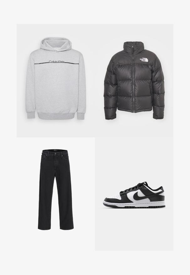 Schwarze Pufferjacke mit hohem Kragen, Reißverschluss und Logo. Verfügt über gesteppten Elemente und elastische Bündchen für zusätzlichen Wärme.; Grauer Hoodie aus weichem Stoff mit einem Logo auf der Vorderseite, einem schwarzen horizontale Streifen über der Brust sowie einem gerippten Bündchen und Saum.; Schwarze gerade geschnittene Jeans aus Denim mit Knopf- und Reißverschluss, Gürtelschlaufen sowie Vorder- und Gesäßtaschen.; Schwarze und weiße Nike Dunk Sneakers mit einem Obermaterial aus Leder, perforierter Zehenpartie, schwarzen Schnürsenkeln und einer schwarzen Gummisohle mit Profildesign.