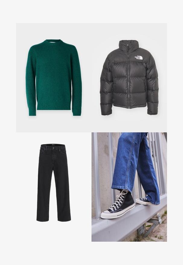 Schwarze Pufferjacke mit hohem Kragen, Reißverschluss und Logo. Verfügt über gesteppten Elemente und elastische Bündchen für zusätzlichen Wärme.; Tealfarbener Wolle-Mix-Pullover mit Rundhalsausschnitt, langen Ärmeln und gerippten Bündchen und Saum, der eine strukturierte Oberfläche aufweist. Keine sichtbaren Muster oder Beschläge.; Schwarze gerade geschnittene Jeans aus Denim mit Knopf- und Reißverschluss, Gürtelschlaufen sowie Vorder- und Gesäßtaschen.; Schwarze High-Top-Sneaker mit weißer Sohle und Schnürsenkeln, kombiniert mit lockeren blauen Jeans, die auf einem grauen Geländer ruhen.