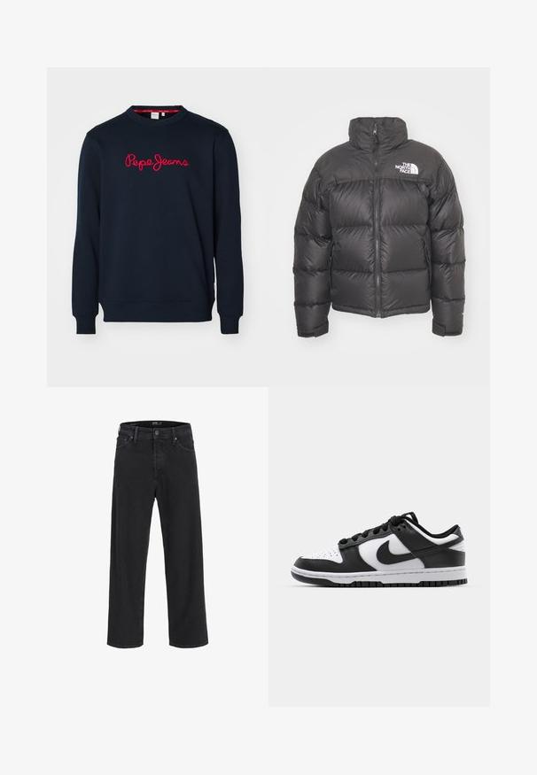 Casaco puffer preto com gola alta, fecho de correr e logotipo. Apresenta seções acolchoadas e punhos elásticos para maior aquecimento.; Sweatshirt azul-marinho feito de algodão, com mangas longas, decote redondo e logo "Pepe Jeans" bordado em vermelho na frente.; Calças de ganga pretas de perna reta com fecho de botão e zíper, passantes para cinto e bolsos frontais e traseiros.; Tênis Nike Dunk em preto e branco com cabedal em couro, ponta perfurada, atacadores pretos e sola de borracha preta com design de rasto.