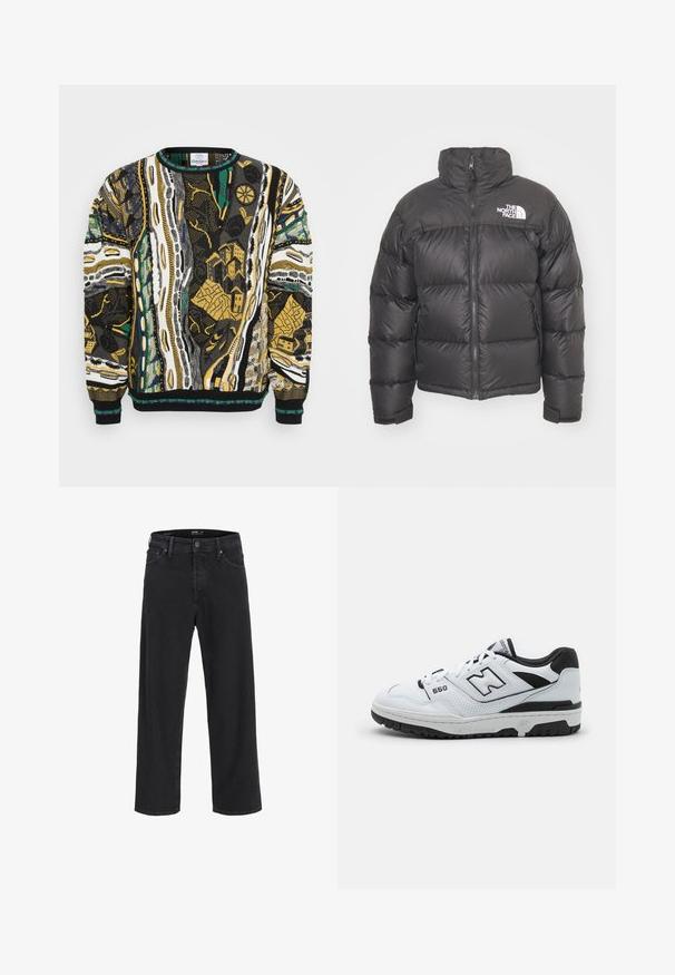 Black puffer jacket with a high neck, zip closure, and logo. Features quilted sections and elastic cuffs for added warmth.; Knit sweater featuring vibrant abstract patterns in black, white, yellow, and green. Round neckline and ribbed cuffs complete the design.; Black straight-leg denim jeans with button and zipper closure, belt loops, and front and back pockets.; White low-top sneaker with black accents, leather and mesh upper, perforated detailing, padded collar, and thick rubber sole. Model 550.