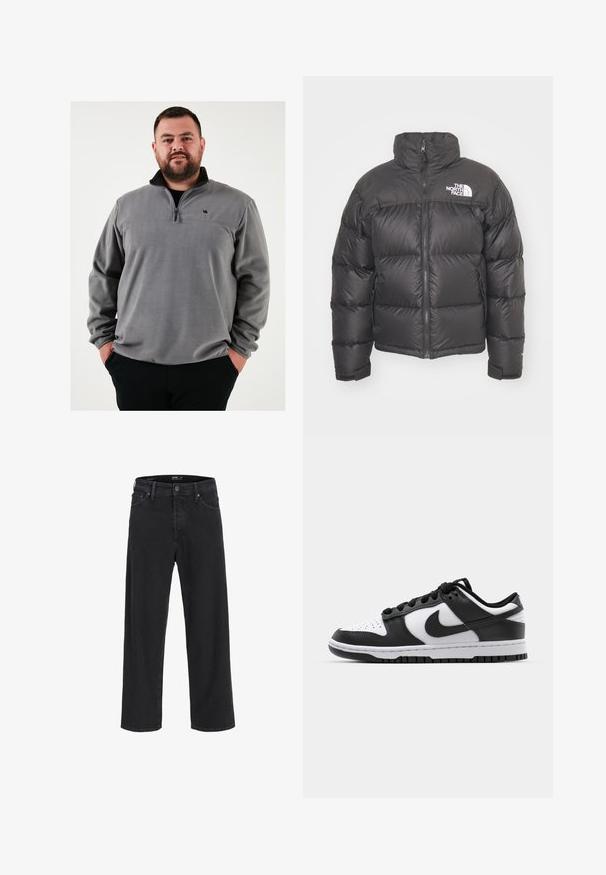 Sort puff jakke med høj hals, lynlås og logo. Har kviltede sektioner og elastiske manchetter for ekstra varme.; Grå fleece pullover med halv lynlås, der har en sort krave og et lille logo på brystet. Blød tekstur og afslappet pasform.; Sorte denim jeans med lige ben, knap- og lynlåslukning, bæltestropper samt for- og baglommer.; Sort og hvid Nike Dunk sneakers med læderoverdel, perforeret tå, sorte snørebånd og en sort gummisål med slidbanedesign.