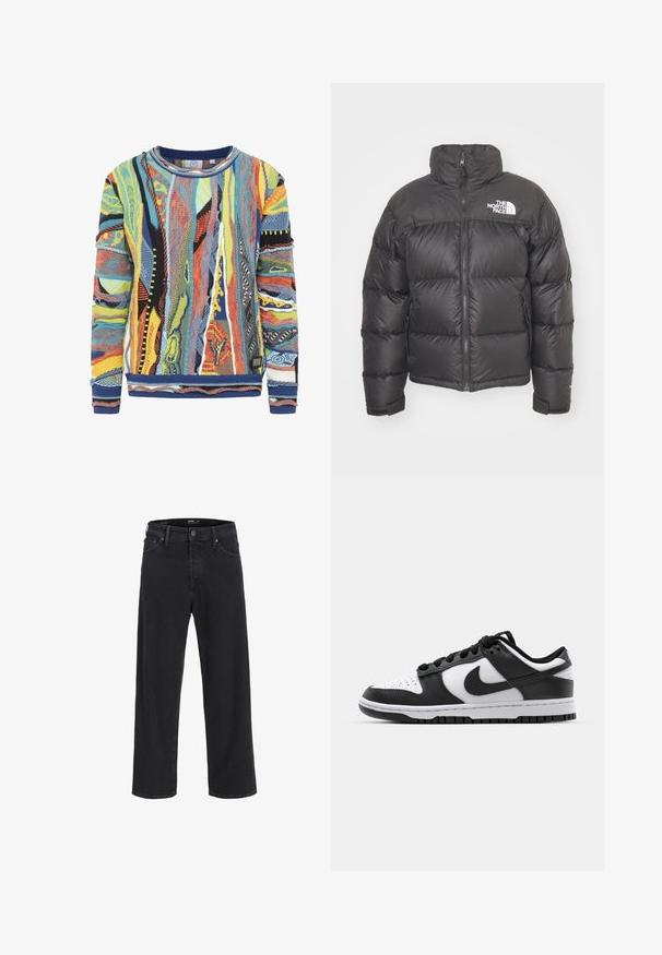 Doudoune noire avec un col montant, fermeture éclair et logo. Comprend des sections matelassées et des poignets élastiques pour plus de chaleur.; Pull en tricot multicolore avec des motifs abstraits en bleu, jaune, rouge et noir. Col et poignets côtelés, tissu texturé.; Jean en denim noir à jambe droite avec fermeture à bouton et à zip, passants de ceinture, et poches avant et arrière.; Baskets Nike Dunk en noir et blanc avec une tige en cuir, un bout perforé, des lacets noirs et une semelle en caoutchouc noir avec un motif de semelle.