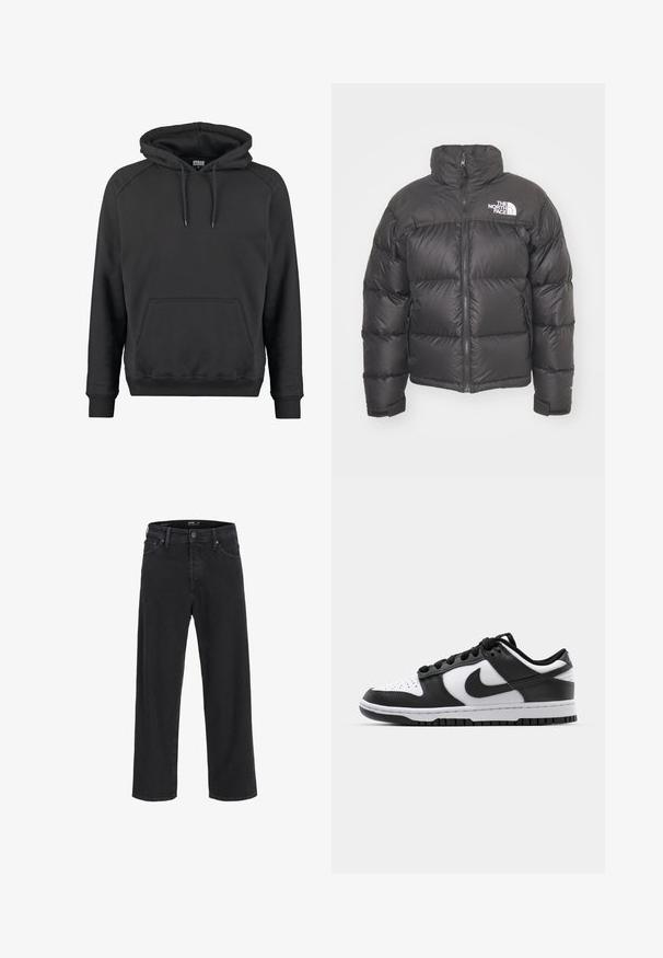 Svart pufferjakke med høy krage, glidelås og logo. Har quiltede seksjoner og elastiske mansjetter for ekstra varme.; Svart hettegenser laget av mykt stoff, med kengurulomme, ribbede mansjetter og justerbare snorer i hetten.; Svarte straight-leg denim jeans med knapp- og glidelåslukking, beltestropper og front- og baklommer.; Svarte og hvite Nike Dunk sneakers med lær overdel, perforert tå, svarte snøringer og svart gummisåle med mønster.