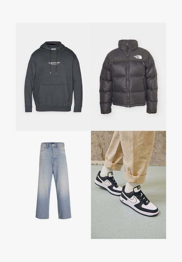 Black puffer jacket with a high neck, zip closure, and logo. Features quilted sections and elastic cuffs for added warmth.; Dark gray hoodie made of soft fabric. Features a drawstring hood, front kangaroo pocket, and white text logo on the chest.; Long-sleeve white t-shirt made of soft cotton. Crew neckline with straight cut hems and no visible patterns or graphics.; Light blue wide-leg jeans made of denim, featuring a high waist, front pockets, and a faded wash effect for a textured appearance.; Black and white Nike Air Force 1 sneakers with a leather upper, perforated toe, and textured sole detail, worn with rolled beige pants and white socks.