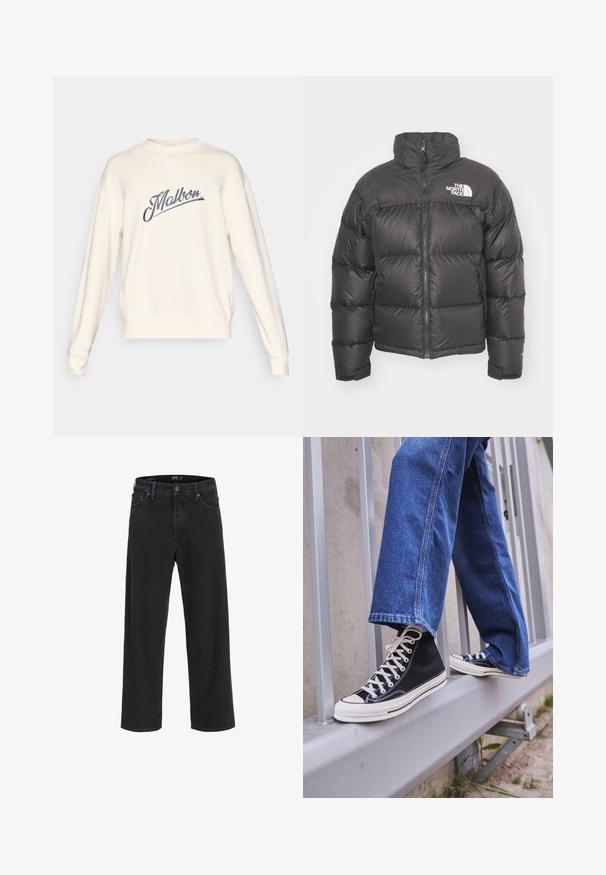 Zwarte pufferjack met hoge kraag, ritssluiting en logo. Bevat gequiltte secties en elastische manchetten voor extra warmte.; Crème sweatshirt met een grijze cursieve "Malbon" logo, ronde hals, ribgebreide mouwen en onderkant, met zichtbare stikdetails.; Zwarte recht gesneden denim jeans met knoop- en ritssluiting, riemlussen en voor- en achterzakken.; Zwarte hoge sneakers met witte zool en veters, gecombineerd met losse blauwe denim jeans, rustend op een grijze leuning.