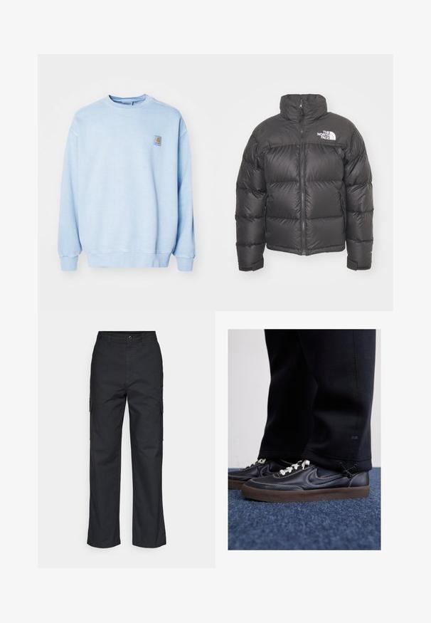 Crna puf jakna s visokim ovratnikom, patentnim zatvaračem i logotipom. Ima ušivene dijelove i elastične manšete za dodatnu toplinu.; Carhartt WIP VISTA - Sportska majica - dusty ice garment dyed; Crne cargo hlače s ravnim krojem, koje imaju bočne džepove i teksturiranu tkaninu. Zakopčavanje na gumb na struku za sigurnu prilagodbu.; Nike Sportswear KILLSHOT 2 LTR PRM OPP2 - Tenisice - black sail baroque brown mtlc dk grey