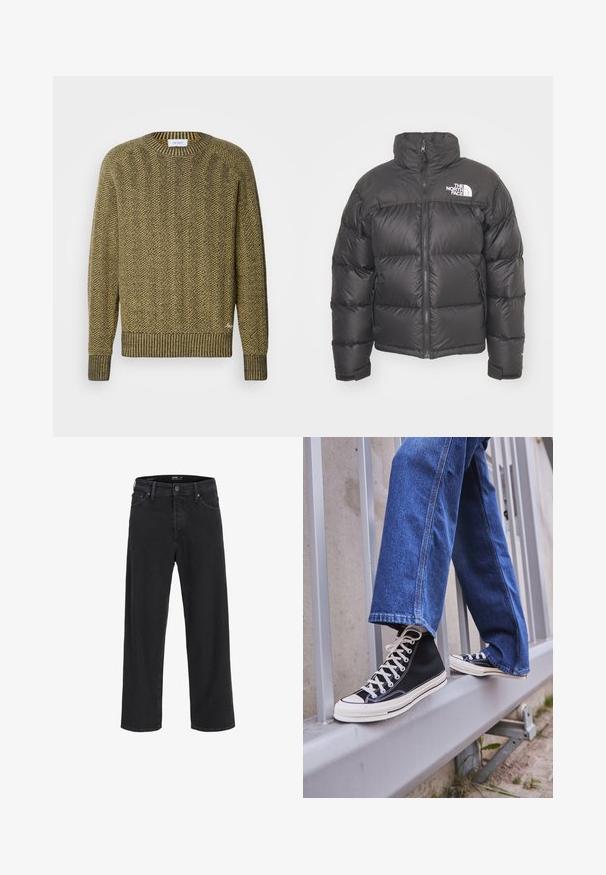 Črni napihnjen plašček z visokim ovratnikom, zadrgo in logotipom. Ima prešite dele in elastične manšete za dodatno toploto.; Zeleno-rumena sv sweaters z vzorcem ribje kosti, z rebrastim ovratnikom in manšetami ter z teksturiranim tkanim vzorcem po celotni površini.; Črne kavbojke ravnega kroja z gumbom in zadrgo, z zankami za pas ter sprednjimi in zadnjimi žepi.; Črne visoke teniske z belim podplatom in vezalkami, v kombinaciji z ohlapnimi modrimi džinsom, naslonjene na sivo ograjo.