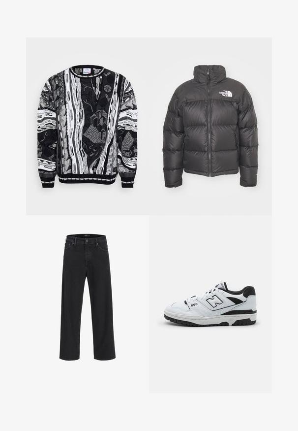 Black puffer jacket with a high neck, zip closure, and logo. Features quilted sections and elastic cuffs for added warmth.; Black and white sweater with intricate patterns, featuring cityscapes and abstract designs. Knit texture with ribbed cuffs and neckline.; Black straight-leg denim jeans with button and zipper closure, belt loops, and front and back pockets.; White low-top sneaker with black accents, leather and mesh upper, perforated detailing, padded collar, and thick rubber sole. Model 550.