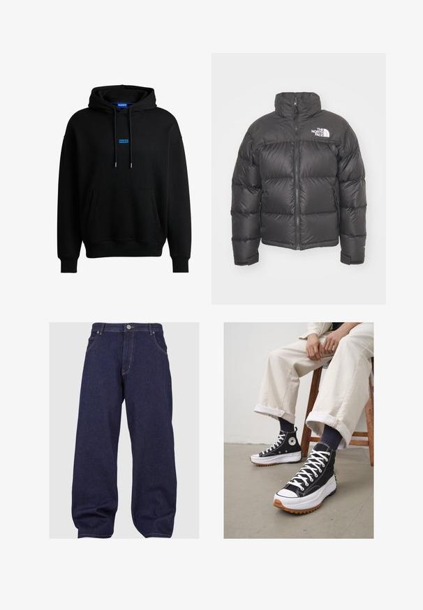 Schwarze Pufferjacke mit hohem Kragen, Reißverschluss und Logo. Verfügt über gesteppten Elemente und elastische Bündchen für zusätzlichen Wärme.; HUGO NAZARDO - Sweatshirt - black one; Dunkelblaue Jeans aus Denim mit lässiger Passform, ausgestattet mit einem Knopfverschluss, fünf Taschen und kontrastierenden Nähten entlang der Säume.; Schwarze High-Top-Sneaker mit weißen Schnürsenkeln und Gummikappe. Dicke weiße Sohle mit braunem, strukturiertem Außensohlenprofil, kombiniert mit navyblauen gestreiften Socken.