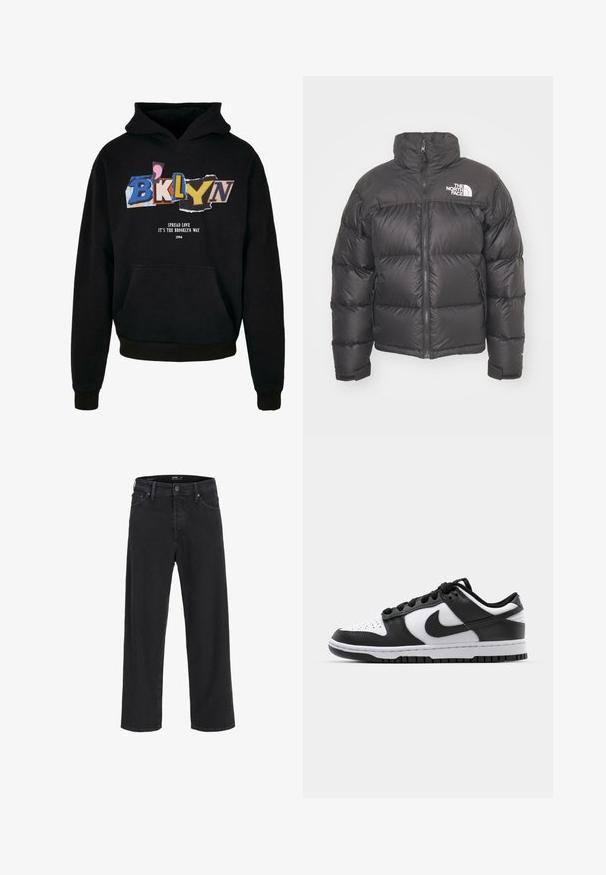 Crna puf jakna s visokim ovratnikom, patentnim zatvaračem i logotipom. Ima ušivene dijelove i elastične manšete za dodatnu toplinu.; Crna hoodie s prednjim džepom, s šarenim grafičkim tekstom "BKLYN" i "Spread Love, It's The Brooklyn Way" u bijeloj boji, 1994.; Crne traperice ravnog kroja s kopčanjem na dugme i zatvaračem, petljama za remen, te prednjim i stražnjim džepovima.; Crno-bijeli Nike Dunk tenisice s kožnom gornjom površinom, perforiranim prstom, crnim vezicama i crnom gumenom potplatom s dizajnom rebrastog uzorka.