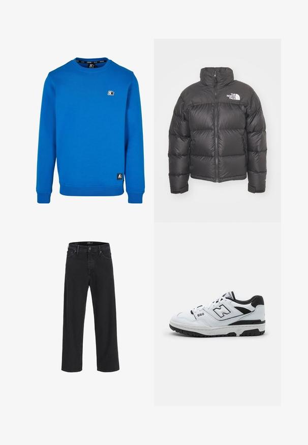 Mustan vuorillinen takki, jossa on korkea kaulus, vetoketjukiinnitys ja logo. Takissa on tikatut osiot ja joustavat hihansuut lisälämmön vuoksi.; Sininen pyöreäkauluksinen collegepaita, joka on valmistettu puuvillasekoituksesta ja jossa on ribbireunat hihansuissa ja helmassa. Paidassa on pieni musta-valkoinen logo rinnassa.; Mustat suorat farkut nappi- ja vetoketjukiinnityksellä, vyölenkeillä, sekä etu- ja takataskuilla.; Valkoiset matalat tossut, joissa on mustia yksityiskohtia, nahka- ja verkkomateriaali, rei'itetty yksityiskohtia, pehmustettu kaulus ja paksu kumipohja. Malli 550.