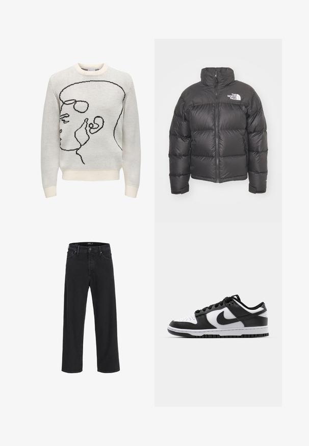 Sort puff jakke med høj hals, lynlås og logo. Har kviltede sektioner og elastiske manchetter for ekstra varme.; Hvid strikket sweater med sort linje kunstdesign, der viser en profil. Har en rund halsudskæring samt ribbede manchetter og kant. Blød tekstur.; Sorte denim jeans med lige ben, knap- og lynlåslukning, bæltestropper samt for- og baglommer.; Sort og hvid Nike Dunk sneakers med læderoverdel, perforeret tå, sorte snørebånd og en sort gummisål med slidbanedesign.