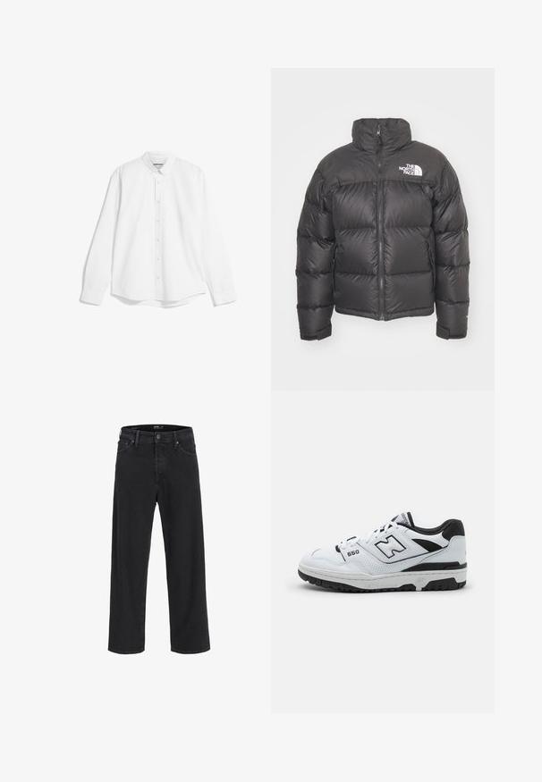 Zwarte pufferjack met hoge kraag, ritssluiting en logo. Bevat gequiltte secties en elastische manchetten voor extra warmte.; Witte langekmouwen knoopshirt met een klassieke kraag en zichtbaar zachte, gestructureerde stof. Heeft een rechte zoom en knoopmanchetten.; Zwarte recht gesneden denim jeans met knoop- en ritssluiting, riemlussen en voor- en achterzakken.; Witte low-top sneaker met zwarte accenten, leren en mesh bovenkant, geperforeerde details, gewatteerde kraag en dikke rubberen zool. Model 550.