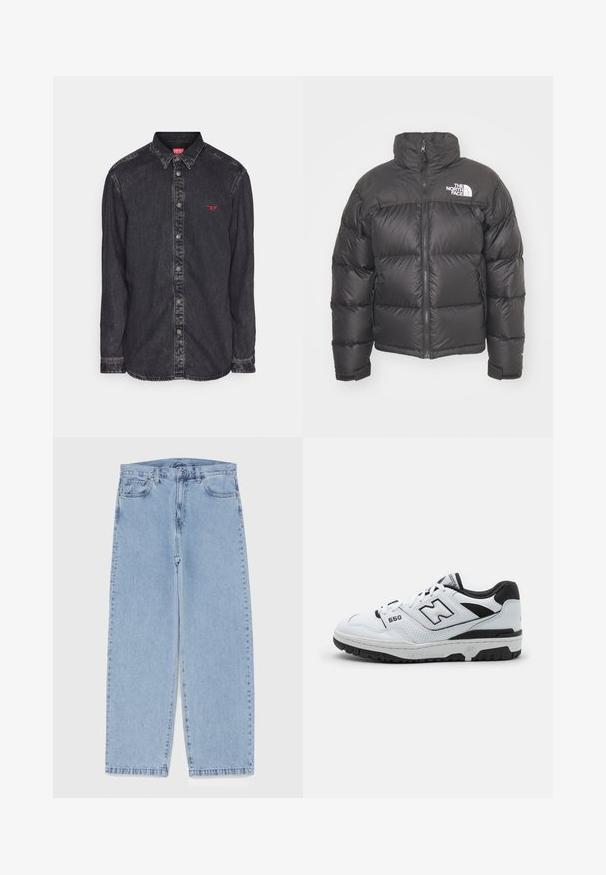 Czarna puchówka z wysokim kołnierzem, zapięciem na zamek i logo. Posiada pikowane sekcje oraz elastyczne mankiety dla dodatkowego ciepła.; Diesel - Koszula; Biała koszulka z długim rękawem, wykonana z miękkiej bawełny. Okrągły dekolt, proste brzegi, bez widocznych wzorów czy grafik.; Jasnoniebieskie dżinsy o prostym kroju nogawki, z średnim stanem, pięcioma kieszeniami oraz zapięciem na guzik i zamek błyskawiczny.; Białe sneakersy niskie z czarnymi akcentami, górna część wykonana ze skóry i siateczki, perforowane detale, wyściełany kołnierz oraz gruba gumowa podeszwa. Model 550.