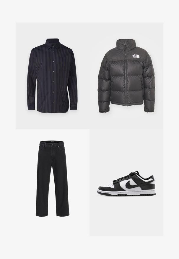 Mustard vest, mille v. pikkade varrukatega, lukuga ning logoga. Omab tikkimise detaile ja elastseid ääriseid soojuse tagamiseks.; Tumes sinine särk, millel on vertikaalsed pruunid triibud, pikad varrukad, nööpidega kaelus ja kuus nööpi ees, millel on sile kangatekstuur.; Mustad sirgedega teksapüksid, millel on nööp ja lukuga sulgemine, vöökohaga silmad ning ees- ja tagataskud.; Mustavalged Nike Dunk tossud, millel on nahk ülemine osa, perforeeritud varvaseosa, mustad paelarid ja must kummist tall, millel on mustriga disain.