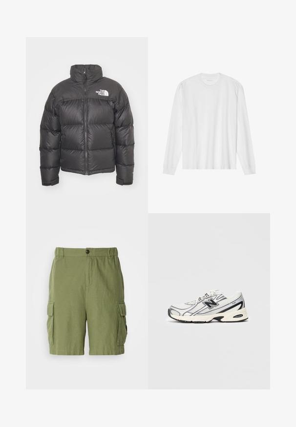 Casaco puffer preto com gola alta, fecho de correr e logotipo. Apresenta seções acolchoadas e punhos elásticos para maior aquecimento.; Camiseta de algodão branca de mangas longas com gola redonda e punhos canelados. Design simples e limpo, apresentando uma textura suave e um ajuste padrão.; Calças cargo verdes com um ajuste solto, feitas de tecido leve. Apresenta bolsos laterais e fecho frontal com botão.; Sapatilha atlética branca e cinza com o logótipo "N" em preto, parte superior em malha, sola acolchoada e design com atacadores, apresentada sobre um fundo cinza claro liso.