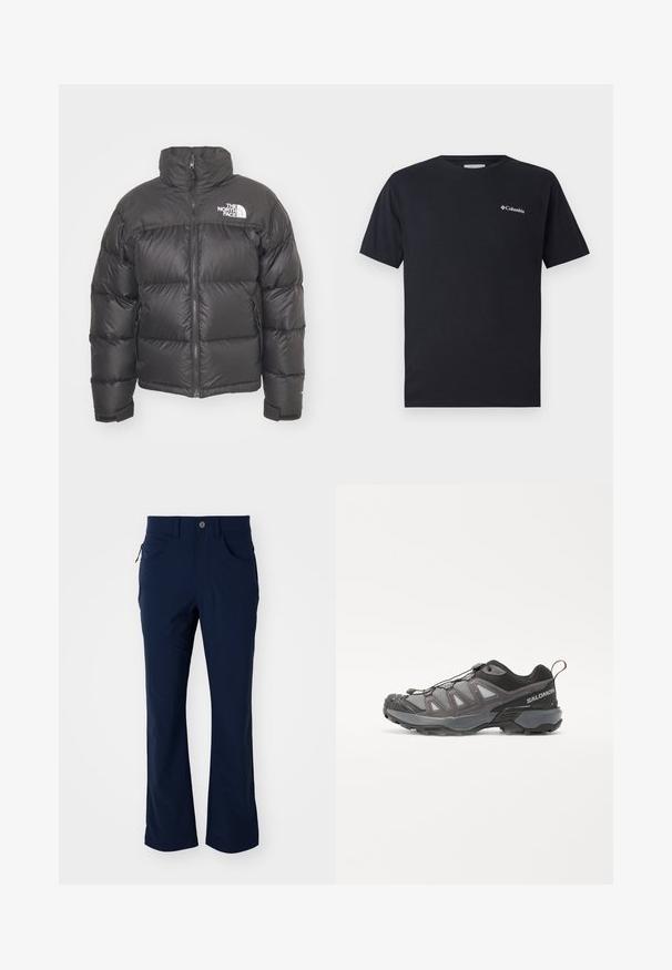 Schwarze Pufferjacke mit hohem Kragen, Reißverschluss und Logo. Verfügt über gesteppten Elemente und elastische Bündchen für zusätzlichen Wärme.; Schwarzes T-Shirt mit kurzen Ärmeln aus Baumwolle, das ein kleines weißes Columbia-Logo auf der linken Brustseite aufweist. Klassischer Rundhalsausschnitt und entspannte Passform.; Marineblaue, gerade geschnittene Hosen mit Gürtelschlaufen, Knopfverschluss, vorderen Taschen und einer mit Reißverschluss versehenen Taschenseite auf einem weißen Hintergrund.; Sportliche Schuhe mit einem schlanken Design, grauem synthetischem Obermaterial mit Netzpaneelen, schwarzen Akzenten und einer Gummisohle mit ausgeprägtem Profil.