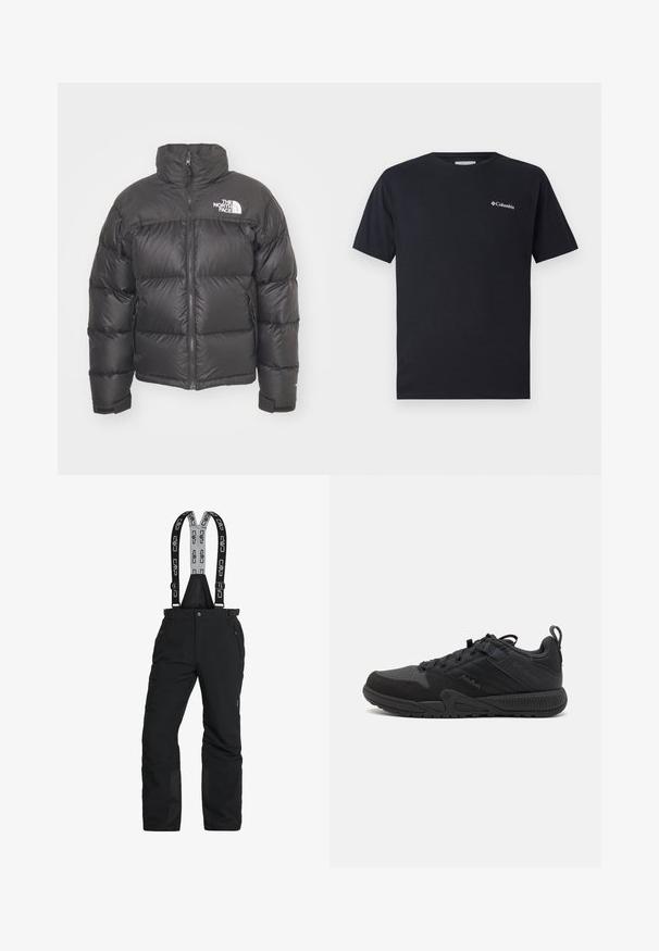 Schwarze Pufferjacke mit hohem Kragen, Reißverschluss und Logo. Verfügt über gesteppten Elemente und elastische Bündchen für zusätzlichen Wärme.; Schwarzes T-Shirt mit kurzen Ärmeln aus Baumwolle, das ein kleines weißes Columbia-Logo auf der linken Brustseite aufweist. Klassischer Rundhalsausschnitt und entspannte Passform.; Schwarze Schneehosen mit verstellbaren Trägern, Reißverschlusstaschen und verstärkten Knöcheln. Hergestellt aus wasserdichtem Material mit glatter Textur.; Schwarzer Sportschuh mit einem Obermaterial aus Mesh und Wildleder, ausgestattet mit verstärkten Bereichen, runder Zehenpartie, strukturiertem Sohlenbereich und einer Schlaufe an der Ferse.