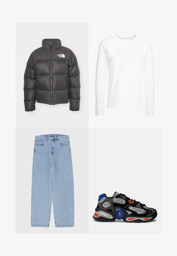 Svart pufferjakke med høy krage, glidelås og logo. Har quiltede seksjoner og elastiske mansjetter for ekstra varme.; Langermet hvit t-skjorte laget av myk bomull. Rund hals med rette skjæringer og uten synlige mønstre eller grafikker.; Lyseblå denimjeans med rett ben-design, med mid-rise liv, fem lommer og knap og lynlås lukning.; Skoene har et svart mesh-overdel med grå detaljer, blå hæl og røde elementer. Tykk såle med blå og oransje komponenter. Stort logo vises.