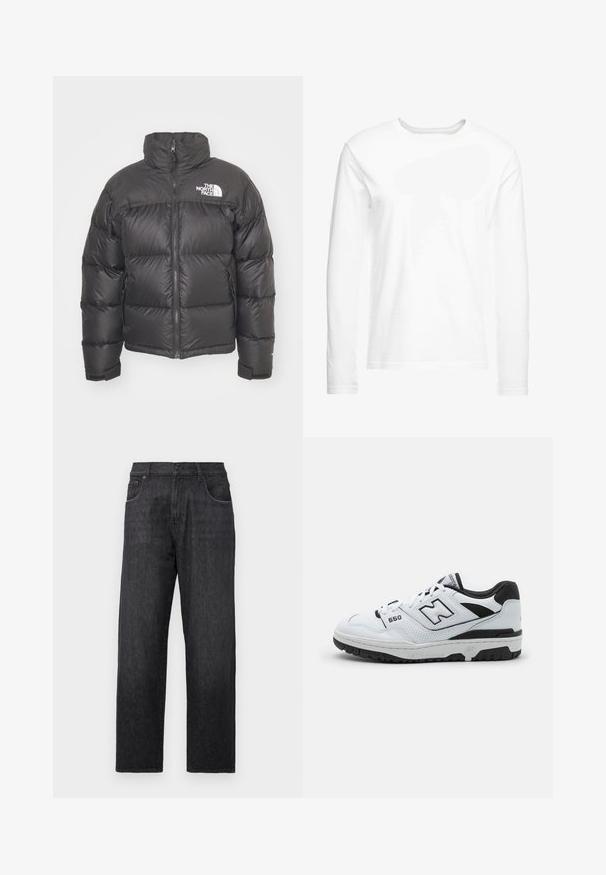 Schwarze Pufferjacke mit hohem Kragen, Reißverschluss und Logo. Verfügt über gesteppten Elemente und elastische Bündchen für zusätzlichen Wärme.; Langärmliges, weißes T-Shirt aus weicher Baumwolle. Rundhalsausschnitt mit geraden Saumabschlüssen und ohne sichtbare Muster oder Grafiken.; Schwarze Denim-Jeans mit geradem Bein, fünf Taschen und einem Knopf- sowie Reißverschluss. Der Stoff hat eine feine Textur.; Weiße Low-Top-Sneaker mit schwarzen Akzenten, Obermaterial aus Leder und Mesh, perforierte Details, gepolsterter Kragen und dicke Gummisohle. Modell 550.