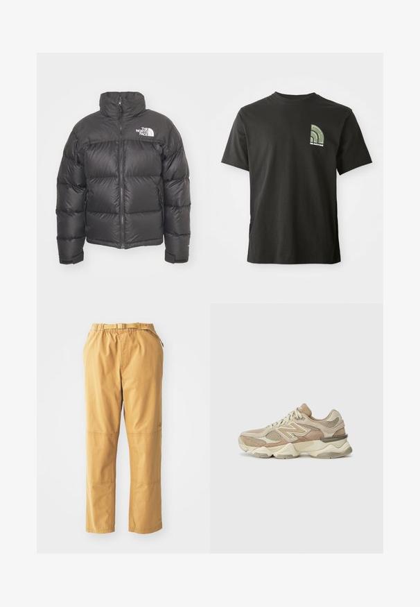 Giacca a vento nera con collo alto, chiusura con zip e logo. Presenta sezioni trapuntate e polsini elasticizzati per un maggiore calore.; Maglietta nera a maniche corte con colletto tondo, con un piccolo logo a quarto di cerchio verde e bianco e il testo "The North Face" sul lato sinistro del petto.; Pantaloni cargo color khaki con una vestibilità rilassata, dotati di una vita elastica con cintura, tasche laterali e toppe rinforzate sulle ginocchia.; Scarpe da ginnastica beige con materiali in rete e suede, punta rotonda, suola spessa e notevoli dettagli riflettenti sui lati.