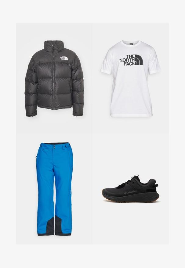 Mustan vuorillinen takki, jossa on korkea kaulus, vetoketjukiinnitys ja logo. Takissa on tikatut osiot ja joustavat hihansuut lisälämmön vuoksi.; Valkoinen puuvillapaita, jossa on musta graafinen painatus tekstillä ja kaarevalla logomuotoilulla. Pyöreä kaula-aukko ja lyhyet hihat. Yksinkertainen pinta.; Siniset lumihousut, joissa on sileä pinta, kaksinkertaiset etunapit ja mustat yksityiskohdat lahkeissa ja sivutaskuissa käytännöllisyyden vuoksi.; Musta Columbia urheilukengä, jossa on teksturoitu pinta, pehmustettu kaulus ja kumipohja, jossa on erityinen kuvio pitoa varten.