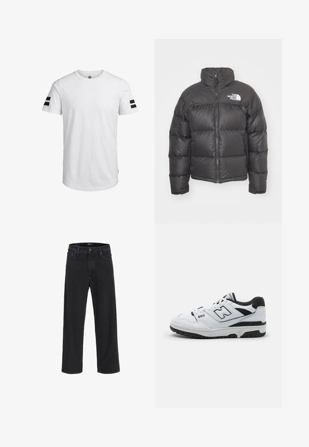Casaco puffer preto com gola alta, fecho de correr e logotipo. Apresenta seções acolchoadas e punhos elásticos para maior aquecimento.; Jack & Jones JCOBORO TEE CREW NECK - T-shirt estampada - white; Calças de ganga pretas de perna reta com fecho de botão e zíper, passantes para cinto e bolsos frontais e traseiros.; Sapatilha baixa branca com detalhes em preto, parte superior em couro e malha, detalhes perfurados, colarinho acolchoado e sola de borracha grossa. Modelo 550.