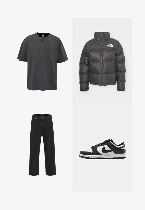 Juodas pūkinis švarkas su aukštu kaklu, užtrauktuku ir logotipo žyme. Savybės: siuvinėjimo sekcijos ir elastingi rankogaliai, suteikiantys papildomą šilumą.; Pilkas per didelis marškinėliai, pagaminti iš medvilnės mišinio, su apvalia apykakle ir trumpomis rankovėmis. Ant krūtinės matomas subtilus išsiuvinėtas logotipas.; Juodos tiesios kojų džinsinės kelnės su mygtuku ir užtrauktuku, diržo kilpos, taip pat priekinės ir galinės kišenės.; Juoda ir balta Nike Dunk sportbačiai, turintys odinį viršutinį sluoksnį, perforuotą nykštyje, juodas raišteles ir juodą guminį pado su reljefu.
