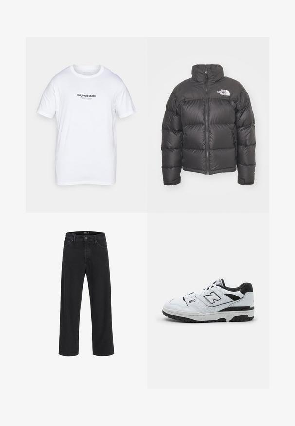 Svart pufferjakke med høy krage, glidelås og logo. Har quiltede seksjoner og elastiske mansjetter for ekstra varme.; Hvitt bomullst skjorte med korte ermer. Har en svart trykt logo "Originals Studio" på fronten. Klassisk crew neck design.; Svarte straight-leg denim jeans med knapp- og glidelåslukking, beltestropper og front- og baklommer.; Hvit lav-toppsneaker med svarte detaljer, overdel i lær og mesh, perforert detaljering, polstret krage og tykk gummisåle. Modell 550.