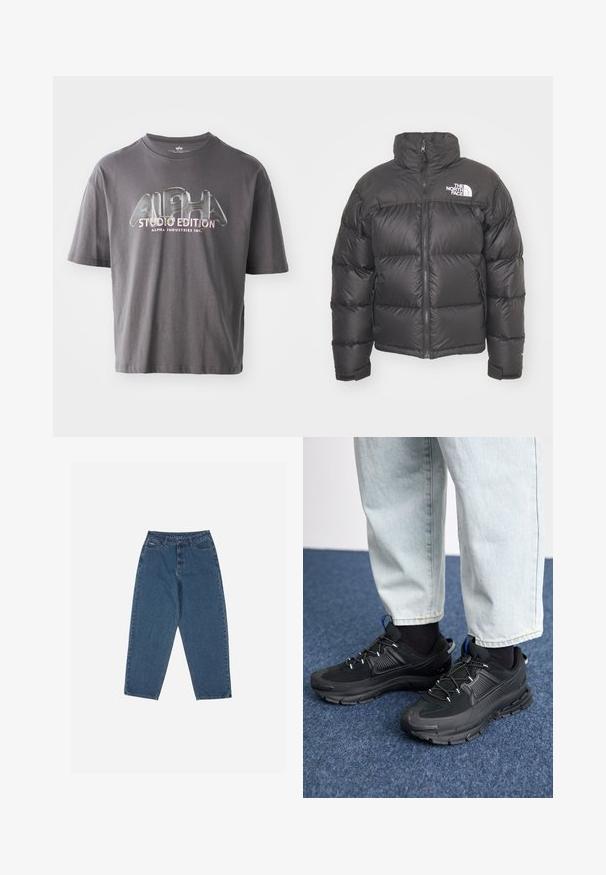 Juodas pūkinis švarkas su aukštu kaklu, užtrauktuku ir logotipo žyme. Savybės: siuvinėjimo sekcijos ir elastingi rankogaliai, suteikiantys papildomą šilumą.; Pilkas medvilninis marškinėlis trumpomis rankovėmis, su blizgiais daugiarūšiais „ALPHA STUDIO EDITION“ logotipu, esančiu centre priekyje.; Mėlyni džinsai su laisvu siluetu, aukštu juosmeniu, penkių kišenių dizainu ir siuvinio akcentais. Su mygtuku ir užtrauktuku.; Juodi sportiniai bateliai su tekstūruota medžiaga ir guminiais padais, su elastingomis raišteliais ir mėlynu akcentu ant kulno. Dėvimi su šviesiai mėlynomis džinsinėmis kelnėmis.