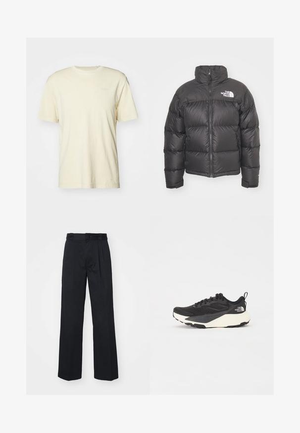 Svart puffjacka med hög krage, dragkedja och logotyp. Har kviltade sektioner och elastiska ärmslut för extra värme.; Kortärmad krämfärgad t-shirt tillverkad av mjuk bomull, med rund halsringning och en liten logotyp tryckt i en ljus färg på bröstet.; Svarta vida byxor i vävd tyg med platt framsida, bälteshällor och sidofickor med en slät yta.; Svart sportskor med strukturerad meshöversida, helt svarta detaljer och vit lätt sula. Utökad med snörning och dragflik.