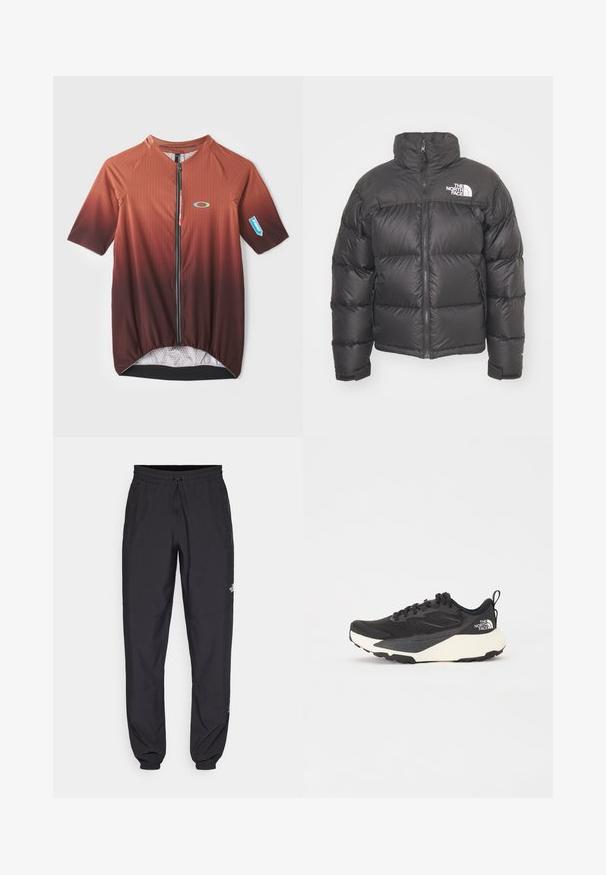 Schwarze Pufferjacke mit hohem Kragen, Reißverschluss und Logo. Verfügt über gesteppten Elemente und elastische Bündchen für zusätzlichen Wärme.; Kurzarm-Radsporttrikot in einem Farbverlauf von Braun mit vertikalen Streifen, Frontreißverschluss und Netzfutter. Mit einem Logo und elastischem Saum.; Schwarze Sporthosen aus leichtem Stoff, mit einem Kordelzugbund, seitlichen Taschen und schmal zulaufenden Bündchen an den Knöcheln.; Schwarzer Sportschuh mit strukturiertem Mesh-Obermaterial, komplett schwarzen Akzenten und leichter weißer Laufsohle. Verfügt über eine Schnürung und eine Zuglasche.