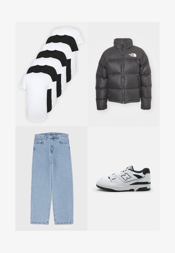 Black puffer jacket with a high neck, zip closure, and logo. Features quilted sections and elastic cuffs for added warmth.; Set of eight crew-neck t-shirts in black and white. Cotton material, short sleeves, standard fit, smooth texture, with tag detail.; Light blue denim jeans with straight leg design, featuring a mid-rise waist, five pockets, and a button and zipper closure.; White low-top sneaker with black accents, leather and mesh upper, perforated detailing, padded collar, and thick rubber sole. Model 550.
