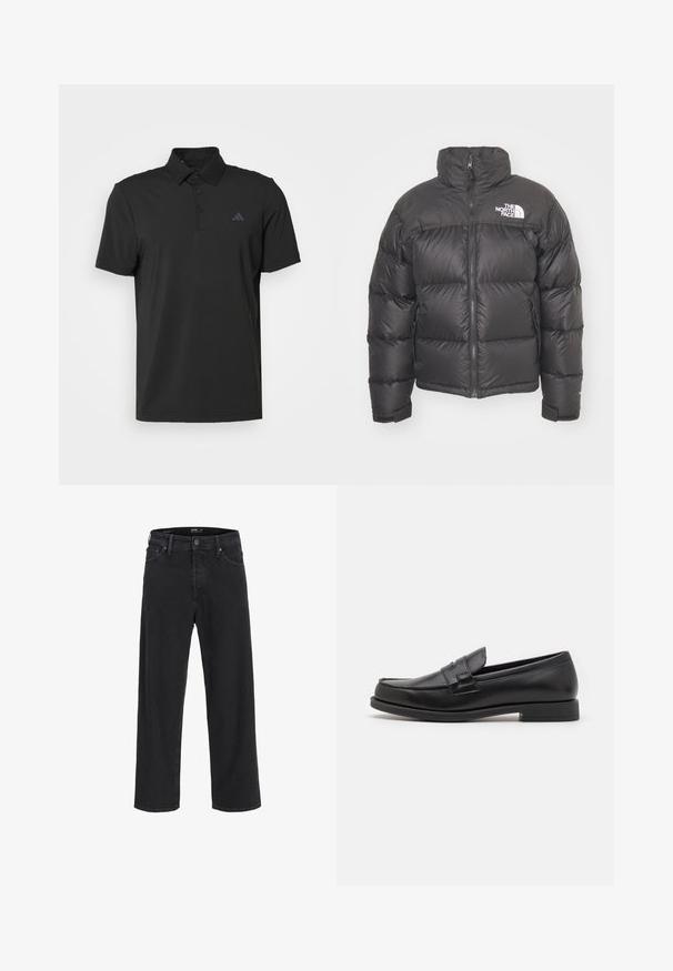 Mustan vuorillinen takki, jossa on korkea kaulus, vetoketjukiinnitys ja logo. Takissa on tikatut osiot ja joustavat hihansuut lisälämmön vuoksi.; Mustapaitapaita, joka on valmistettu sileästä kankaasta ja jossa on napitettava kaulus. Sisältää hienovaraisen logon vasemmassa rinnassa ja lyhyet hihat.; Mustat suorat farkut nappi- ja vetoketjukiinnityksellä, vyölenkeillä, sekä etu- ja takataskuilla.; Musta nahkakengät, joissa on tyylikäs muotoilu, pyöreä varvas, ommellut yksityiskohdat ja matala lohkokorko. Liukastettu pinta ja minimaliset yksityiskohdat.