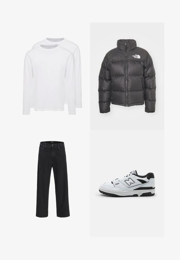 Black puffer jacket with a high neck, zip closure, and logo. Features quilted sections and elastic cuffs for added warmth.; Two long-sleeve white T-shirts made of soft cotton. Features a round neckline and a smooth, even texture without patterns or accents.; Black straight-leg denim jeans with button and zipper closure, belt loops, and front and back pockets.; White low-top sneaker with black accents, leather and mesh upper, perforated detailing, padded collar, and thick rubber sole. Model 550.