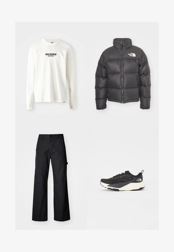Svart puffjacka med hög krage, dragkedja och logotyp. Har kviltade sektioner och elastiska ärmslut för extra värme.; Vit långärmad ribbad sweatshirt med en svart logga "DICKIES" och "SINCE '22" under, rund hals och muddar vid ärmarna.; Svarta, vida byxor i slitstark tyg. Har knappstängning och sidofickor. Slät textur med en ren design.; Svart sportskor med strukturerad meshöversida, helt svarta detaljer och vit lätt sula. Utökad med snörning och dragflik.