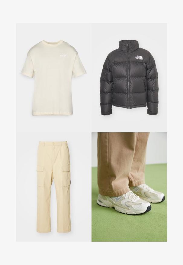 Schwarze Pufferjacke mit hohem Kragen, Reißverschluss und Logo. Verfügt über gesteppten Elemente und elastische Bündchen für zusätzlichen Wärme.; Kurzärmliges cremfarbenes T-Shirt aus weicher Baumwolle, mit Rundhalsausschnitt und kleinem gesticktem Logo auf der Brust. Glatte Textur, lockere Passform.; Beige Cargo-Hosen aus Stoff mit einem elastischen Bund und Knopfverschluss. Verfügt über zwei seitliche Taschen und ein schlichtes Design.; Beige Mesh- und Kunstlederschuhe mit weißer Sohle, ausgestattet mit Schnürung und einem grauen Logo-Detail, vor einem grünen Hintergrund.