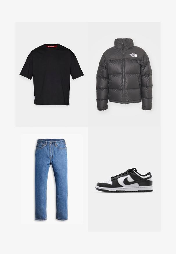 Jachetă puffer neagră cu guler înalt, închidere cu fermoar și logo. Prezintă secțiuni matlasate și manșete elastice pentru un plus de căldură.; Tricou din bumbac negru, cu guler rotund, mâneci scurte și etichetă pe marginea de jos. Materialul este neted și ușor.; Jeans din denim albastru cu croi drept, având cinci buzunare, închidere cu nasture și accente de cusături portocalii pe un fundal alb curat.; Adidași Nike Dunk alb-negru, cu un superior din piele, vârf perforat, sireturi negre și talpă din cauciuc negru cu design de profil.