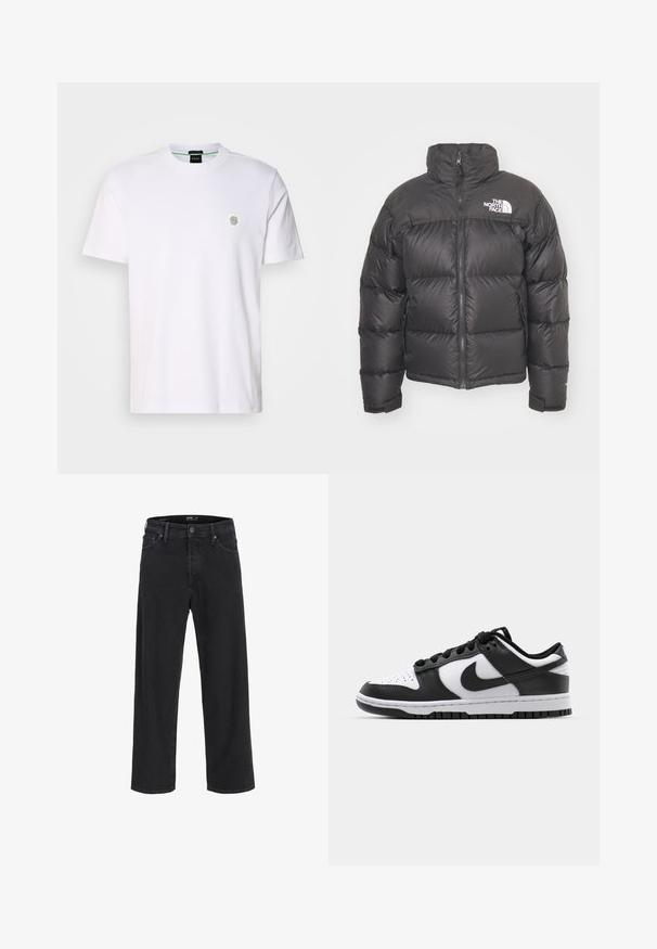 Giacca a vento nera con collo alto, chiusura con zip e logo. Presenta sezioni trapuntate e polsini elasticizzati per un maggiore calore.; BOSS TEE - T-shirt basic - white; Jeans in denim nero a gamba dritta con chiusura a bottone e zip, passanti per cintura e tasche anteriori e posteriori.; Sneakers Nike Dunk in bianco e nero con tomaia in pelle, punta perforata, lacci neri e suola in gomma nera con design della tacco.
