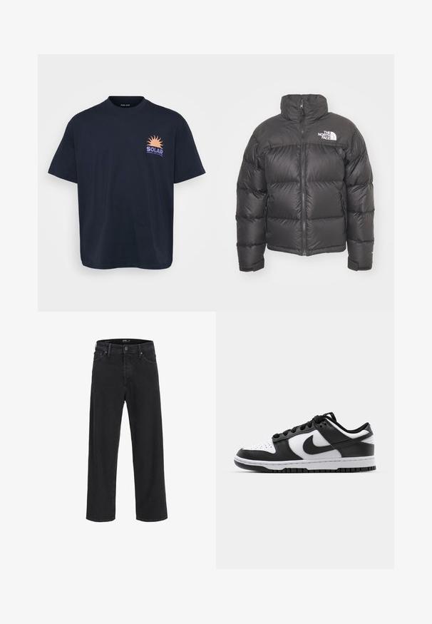 Černá péřová bunda s vysokým límcem, zipem a logem. Obsahuje prošívané části a elastické manžety pro větší teplo.; Černé bavlněné tričko s grafickým motivem slunce a nápisem "SOLAR" v oranžové a purpurové barvě. Krátké rukávy, klasický výstřih, volný střih.; Černé džíny rovného střihu z denimu s knoflíkovým a zipovým zapínáním, poutky na opasek a předními i zadními kapsami.; Černobílé tenisky Nike Dunk s koženým svrškem, perforovanou špičkou, černými tkaničkami a černou gumovou podrážkou s dezénem.