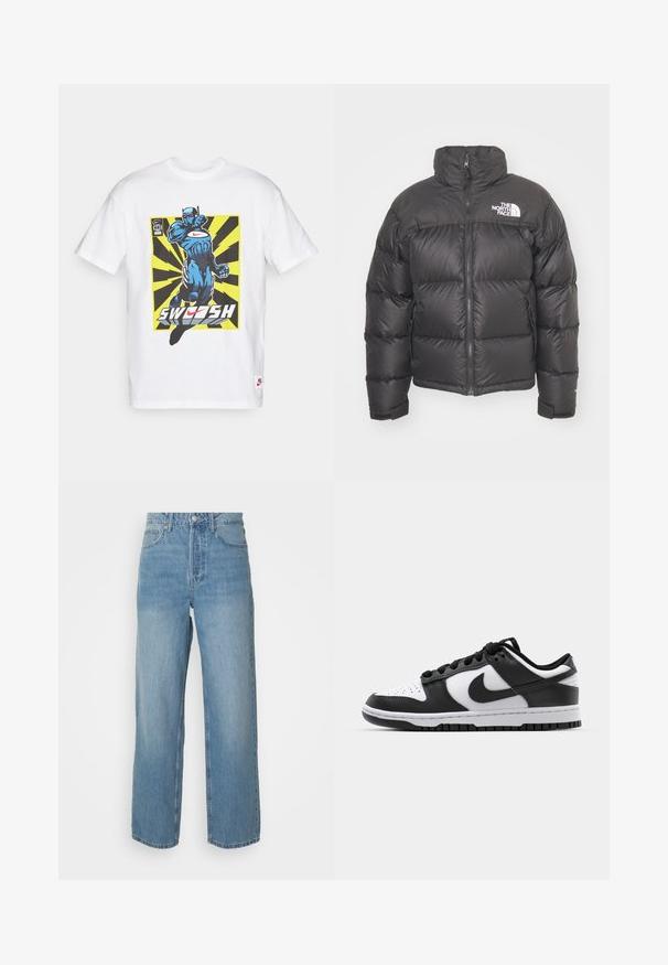 Black puffer jacket with a high neck, zip closure, and logo. Features quilted sections and elastic cuffs for added warmth.; White cotton t-shirt featuring a blue comic-style graphic of a character in action, with yellow and black rays and "SWOOSH" text.; High-waisted light blue denim jeans with straight legs, front button closure, and five-pocket styling on plain background.; Black and white Nike Dunk sneakers featuring a leather upper, perforated toe, black laces, and a black rubber sole with tread design.