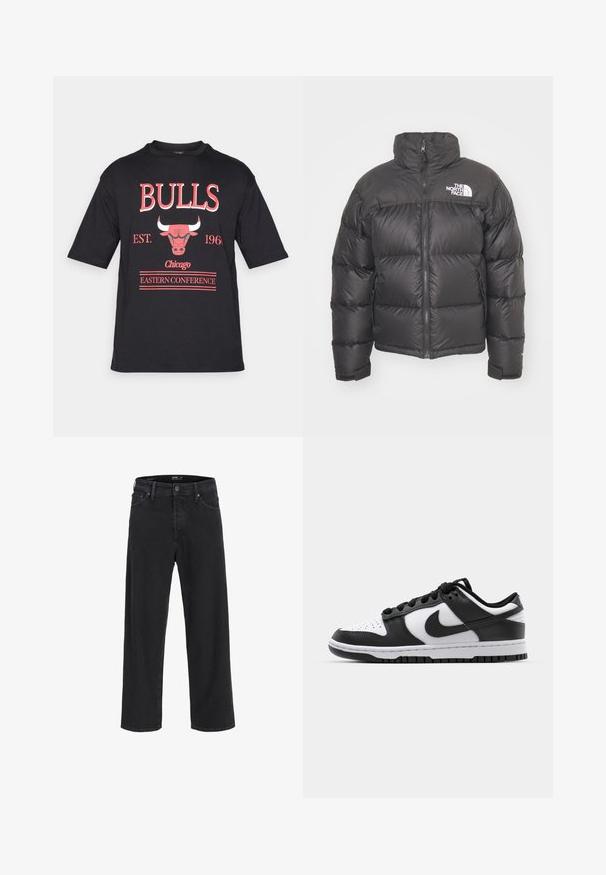 Černá péřová bunda s vysokým límcem, zipem a logem. Obsahuje prošívané části a elastické manžety pro větší teplo.; Černé tričko s krátkým rukávem s nápisem "BULLS" v červeném písmu, obsahující grafiku býka a text "Chicago EST. 1966 VÝCHODNÍ KONFERENCE".; Černé džíny rovného střihu z denimu s knoflíkovým a zipovým zapínáním, poutky na opasek a předními i zadními kapsami.; Černobílé tenisky Nike Dunk s koženým svrškem, perforovanou špičkou, černými tkaničkami a černou gumovou podrážkou s dezénem.