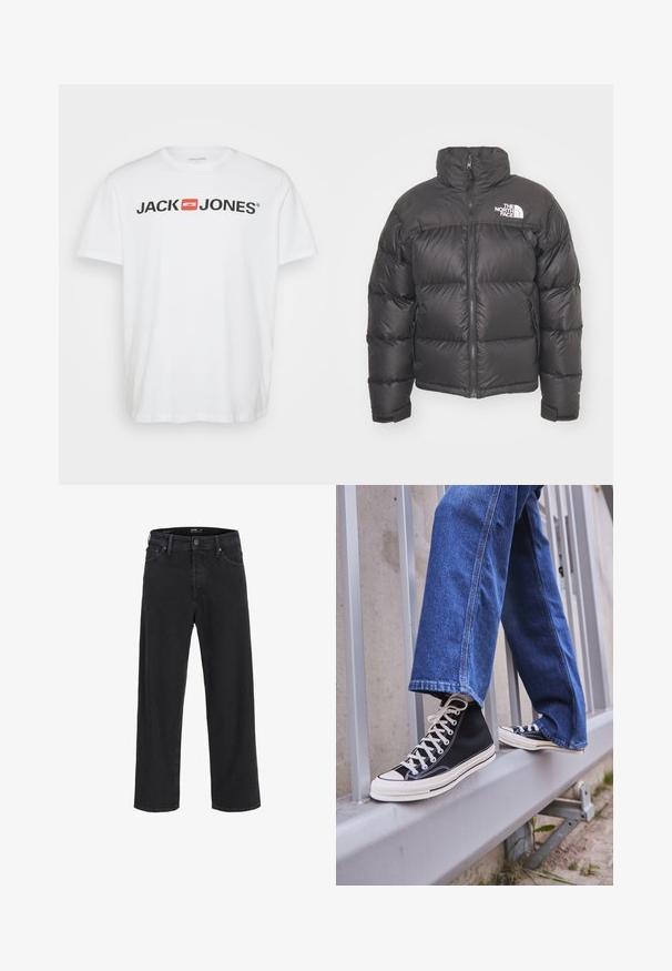 Mustan vuorillinen takki, jossa on korkea kaulus, vetoketjukiinnitys ja logo. Takissa on tikatut osiot ja joustavat hihansuut lisälämmön vuoksi.; Valkoinen puuvillateepaita, jossa on musta "JACK & JONES" -logo punaisella suorakaiteen muotoisella korostuksella. Lyhyet hihat ja pyöreä kaula-aukko. Sileä rakenne.; Mustat suorat farkut nappi- ja vetoketjukiinnityksellä, vyölenkeillä, sekä etu- ja takataskuilla.; Mustat high-top tennarit valkoisella pohjalla ja nauhoilla, yhdistettynä väljään sinisiin farkkuihin, lepäävät harmaalla kaiteella.