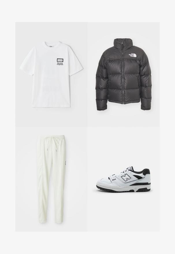 Casaco puffer preto com gola alta, fecho de correr e logotipo. Apresenta seções acolchoadas e punhos elásticos para maior aquecimento.; T-shirt branca de algodão com mangas curtas, apresentando uma impressão de bolso gráfico retangular e o texto "the new originals" em preto.; Calças jogger slim-fit brancas com cintura elástica e cordão, apresentando detalhes nas costuras laterais e um pequeno patch preto na perna direita.; Sapatilha baixa branca com detalhes em preto, parte superior em couro e malha, detalhes perfurados, colarinho acolchoado e sola de borracha grossa. Modelo 550.