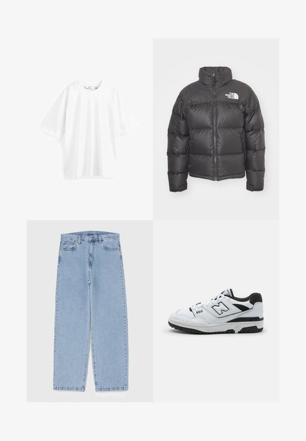 Mustard vest, mille v. pikkade varrukatega, lukuga ning logoga. Omab tikkimise detaile ja elastseid ääriseid soojuse tagamiseks.; Next RELAXED FIT HEAVYWEIGHT OVERSIZED - Lihtne T-särk - white; Heled sinise denimi sirgete põlvede lõikega teksad, millel on keskmise kõrgusega vöökoht, viis taskut ning nööbid ja tõmblukk.; Valged madalad spordijalatsid mustade aktsentidega, nahast ja võrgust pealis, perforatsioonidega detailid, pehmendatud kaelus ja paks kummist tall. Mudel 550.