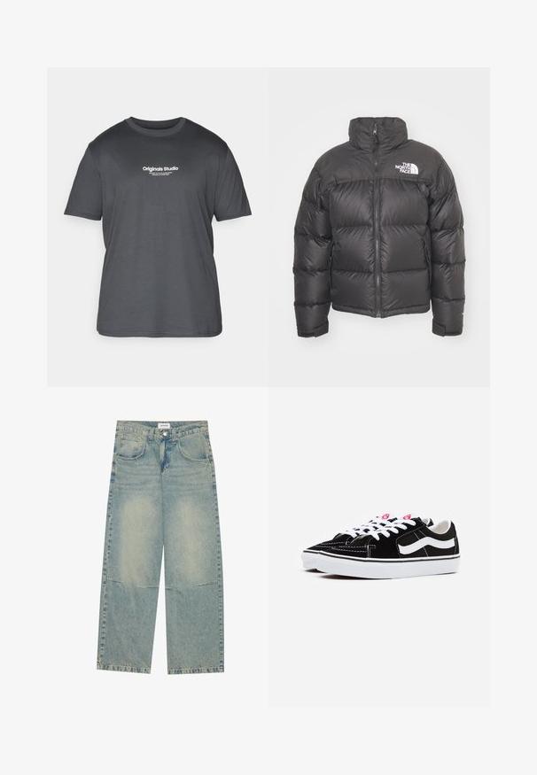 Mustan vuorillinen takki, jossa on korkea kaulus, vetoketjukiinnitys ja logo. Takissa on tikatut osiot ja joustavat hihansuut lisälämmön vuoksi.; Jack & Jones JORVESTERBRO TEE CREW NECK - Printtipaita - forest river; Vaaleansinisiä leveälahkeisia farkkuja, joissa on kaksi etutaskua, napitus ja haalistunut pesu näkyvillä ompeleilla.; Mustat mokkasneakersit valkoisilla nauhoilla, joissa on silmiinpistävä valkoinen sivusuunta ja musta kumipohja, esittelee kontrastivärisiä ompeluyksityiskohtia.